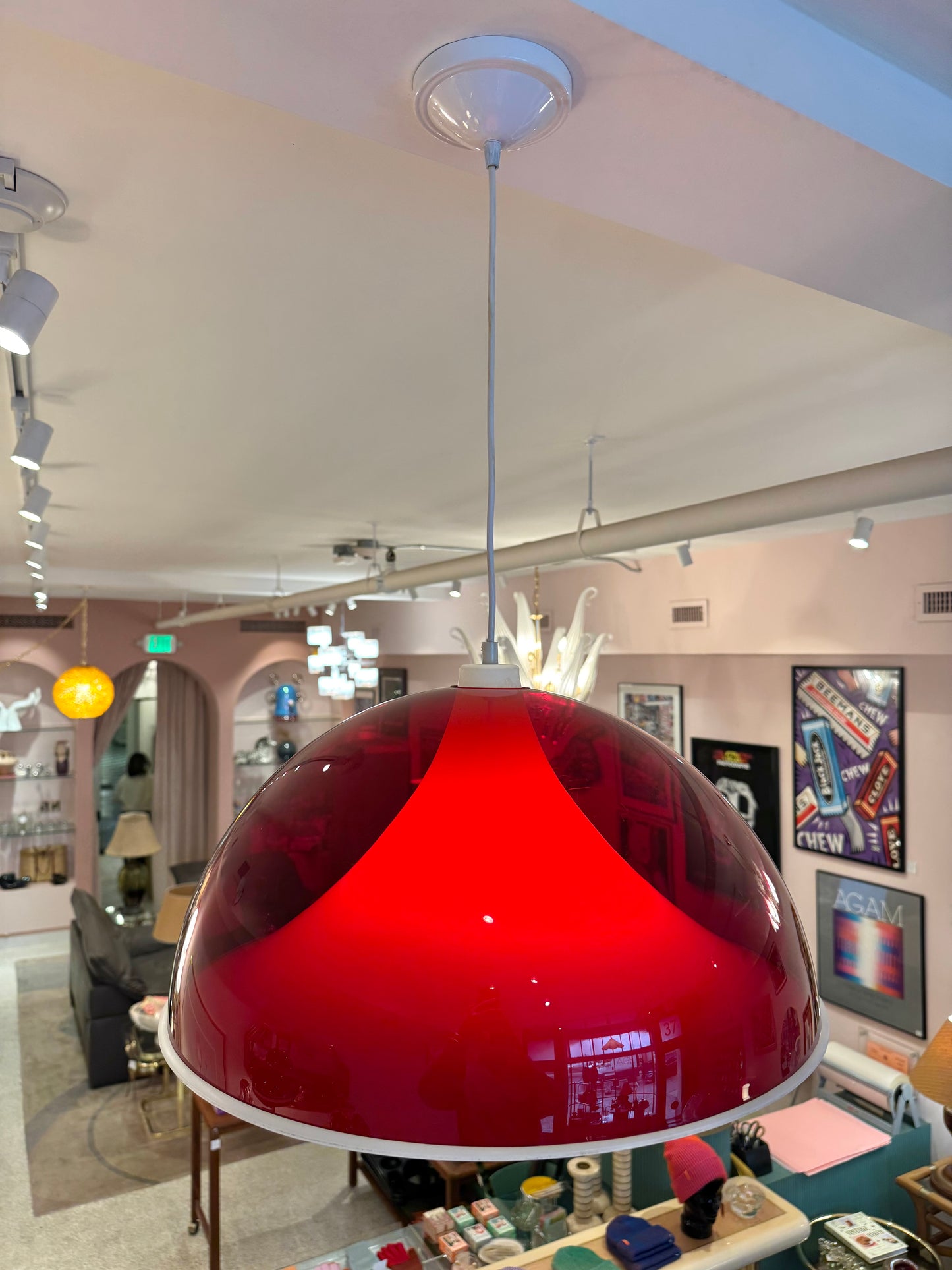 Vintage Red and White Space Age Dome Pendant Light