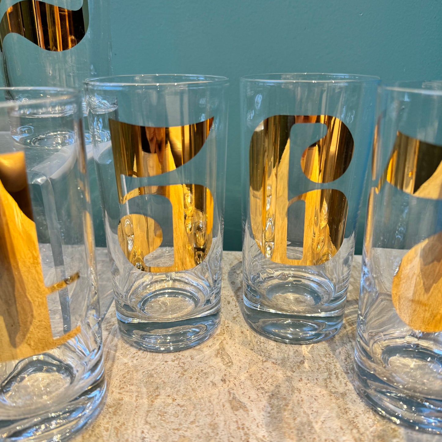 Mid Century Gold Numbered “Morgan” Highball Glasses Set 1-8