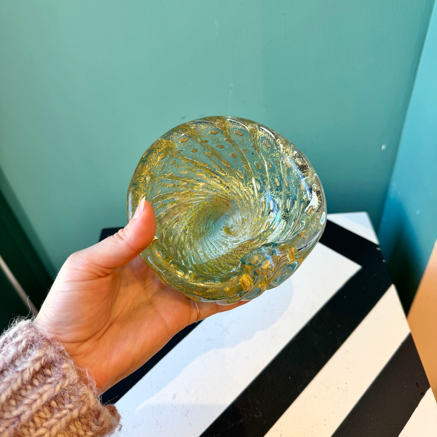Vintage Gold and Teal Glass Bowl Ashtray