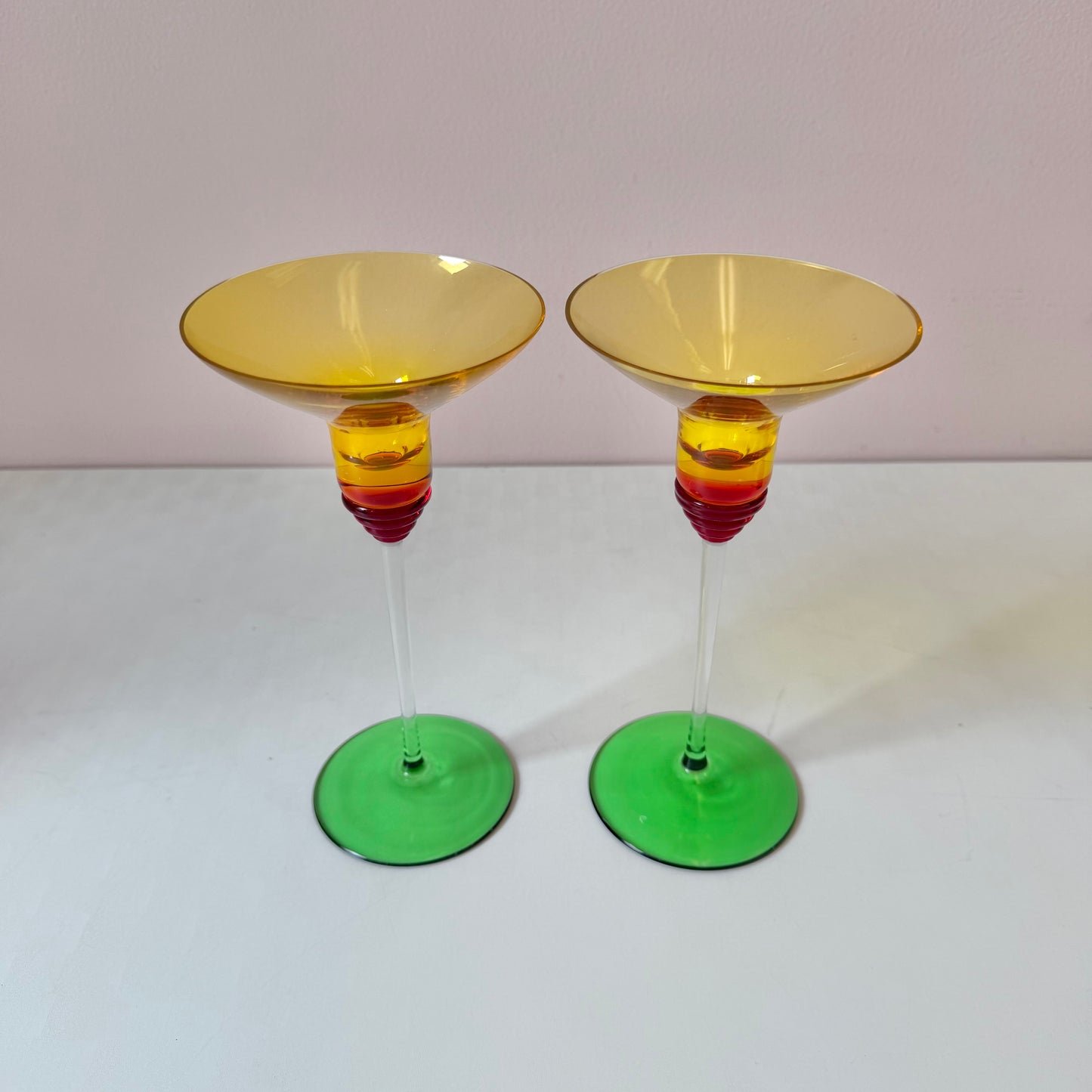 Pair of Vintage Memphis Style Glass Candle Holders 8"