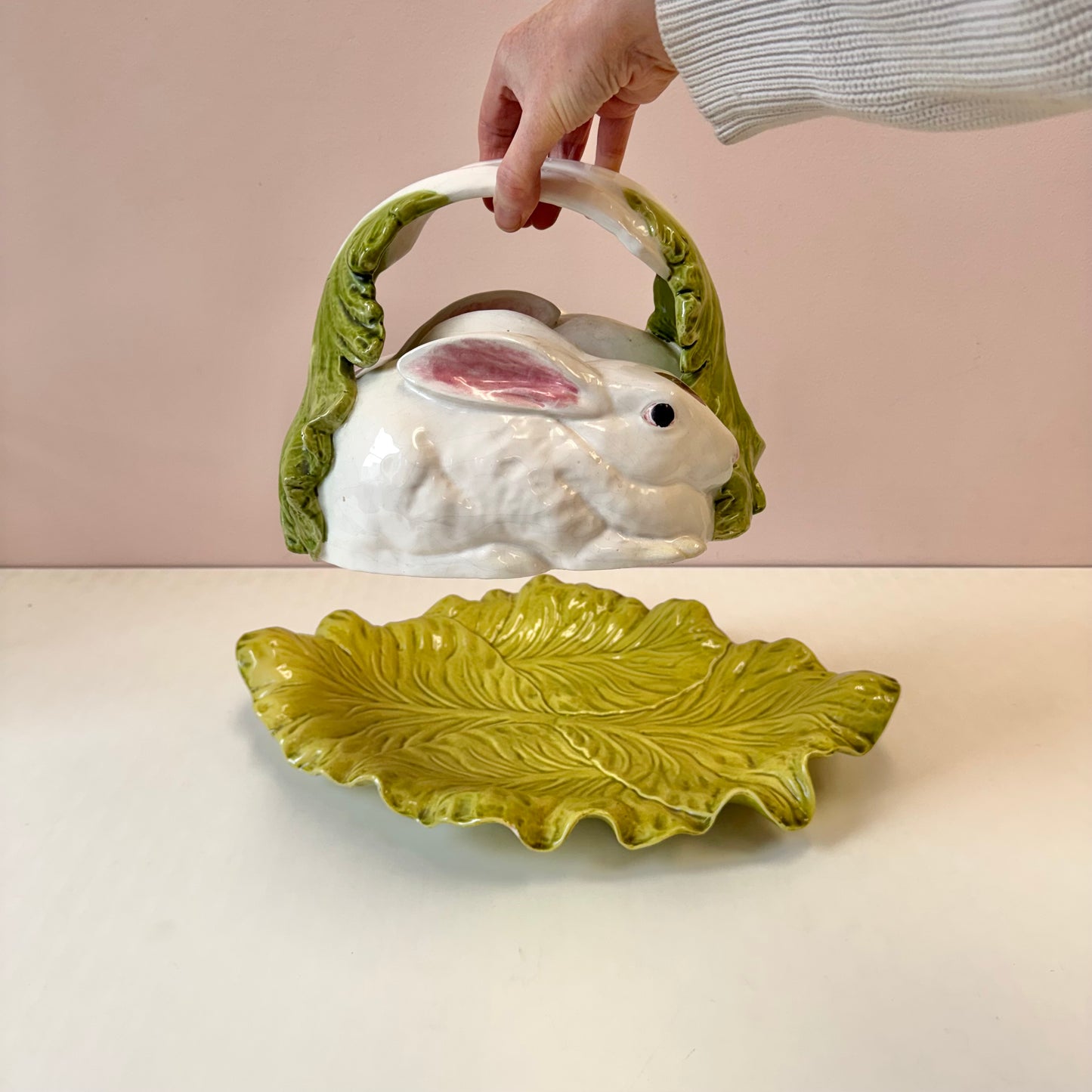 Vintage Bordallo Pinheiro Majolica Rabbit and Lettuce Leaf Covered Platter