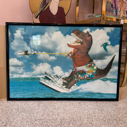 Vintage Framed T-Rex Waterskiing Collage Poster Artwork