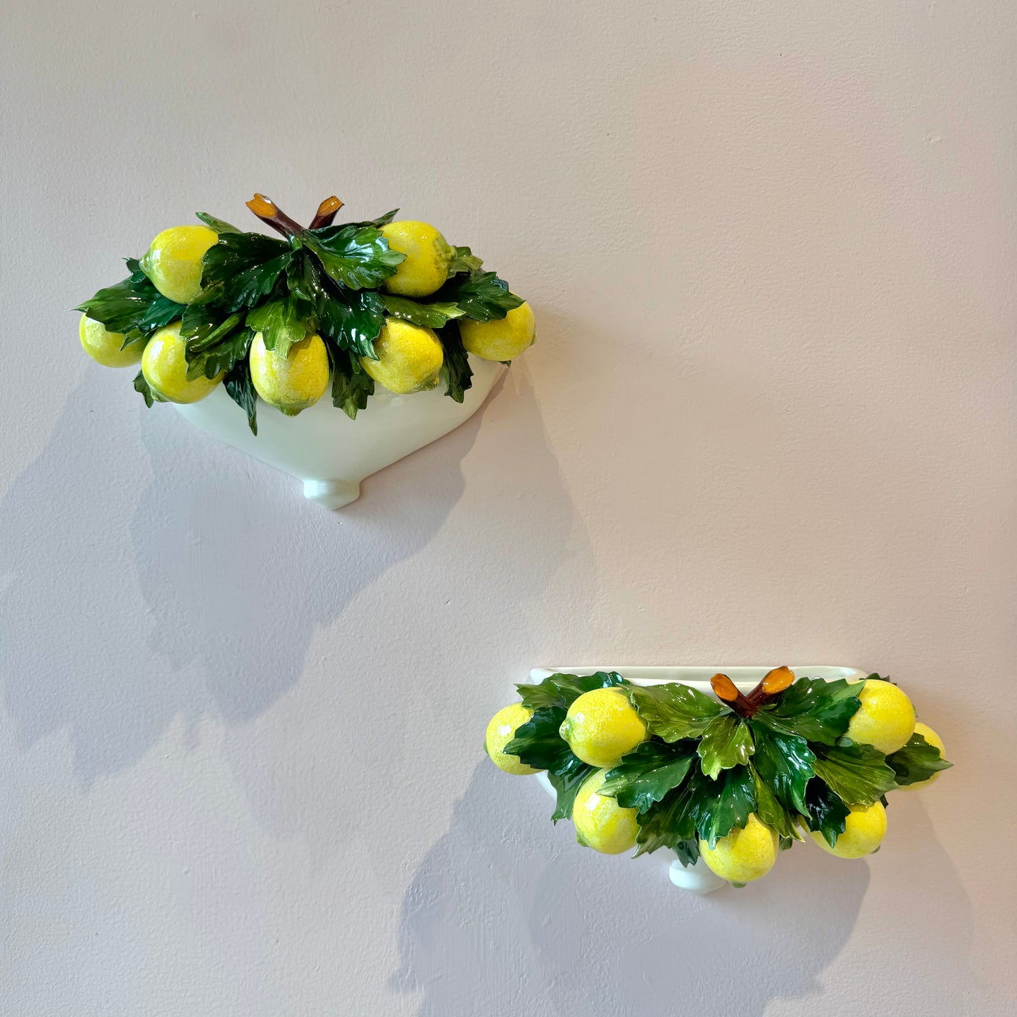 Pair of Vintage Italian Capodimonte Porcelain Lemon Wall Sconce Pockets