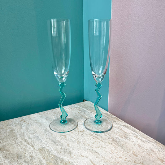 Pair of Vintage Zig Zag Stem Champagne Flutes