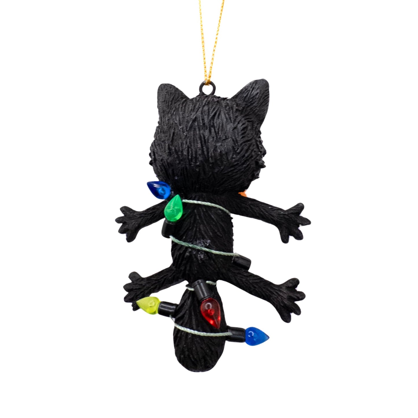 Shocked Black Cat Wrapped in Lights Ornament