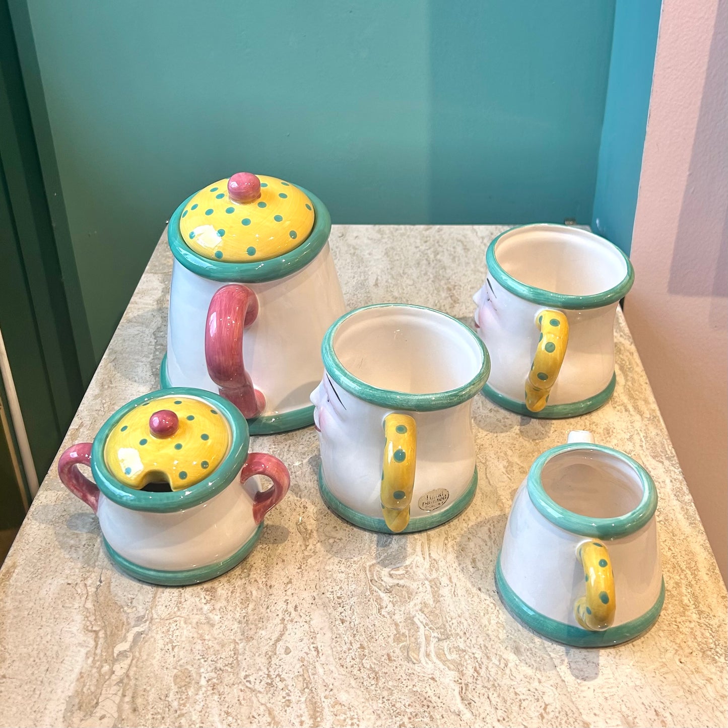 Vintage 5 Piece Tea Set “Coffee Break” by Clay Art San Francisco, Dated 1993