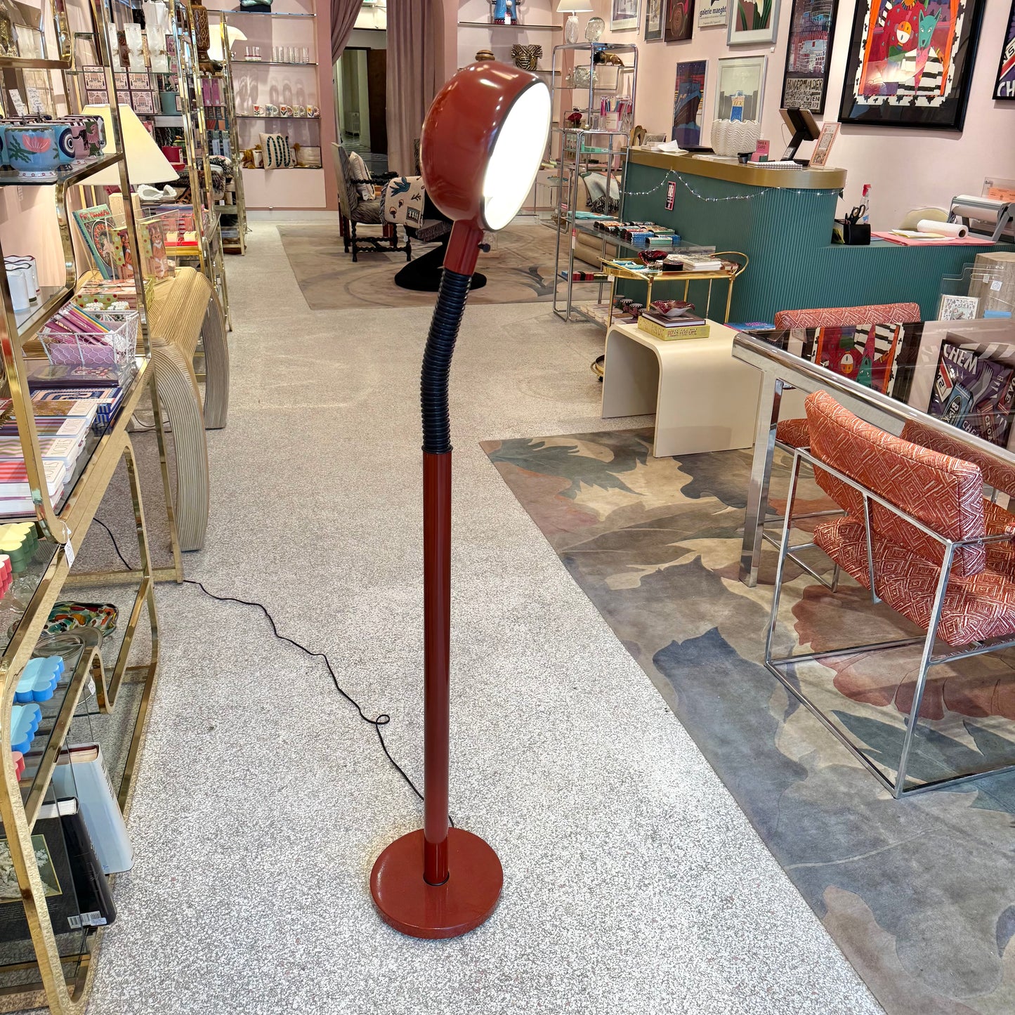 Vintage Postmodern Lightolier Style Red Gooseneck Floor Lamp