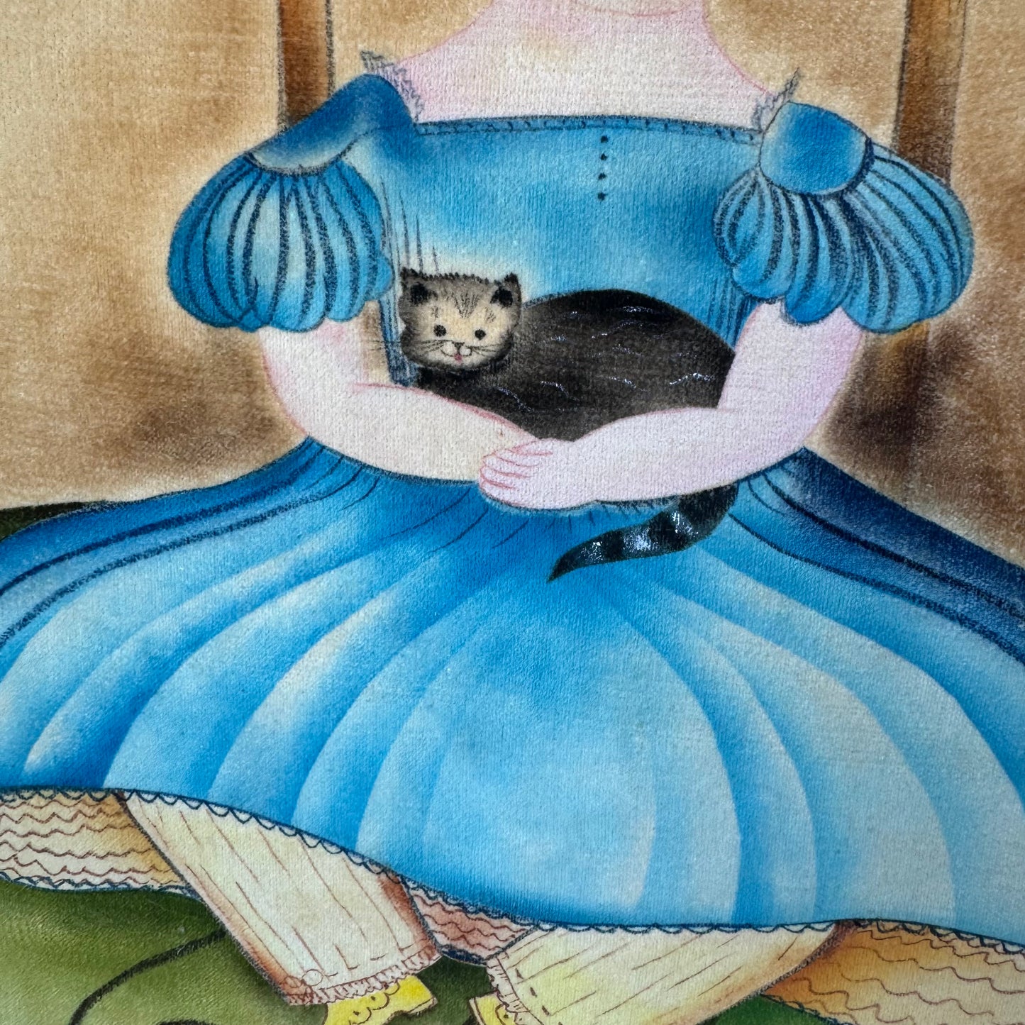Vintage Girl with Cat Velvet Portrait - Signed and Dated