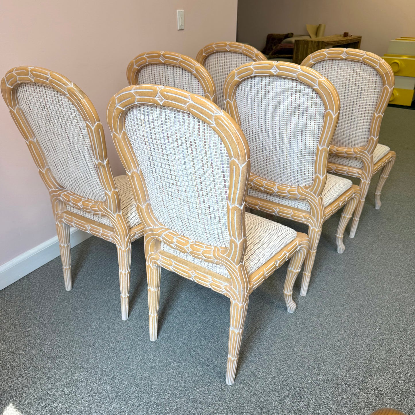 Vintage Regency Serge Roche Style Faux Bois Dining Chairs - Set of 6