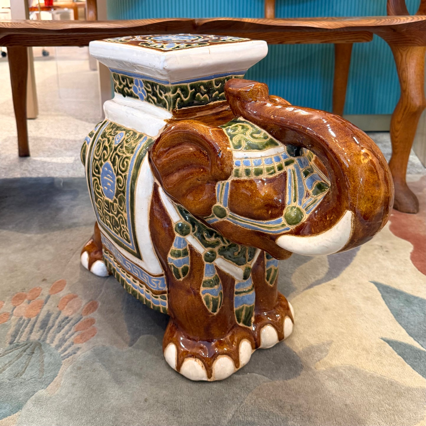 Vintage Hand Painted Brown Ceramic Asian Elephant Plant Stand