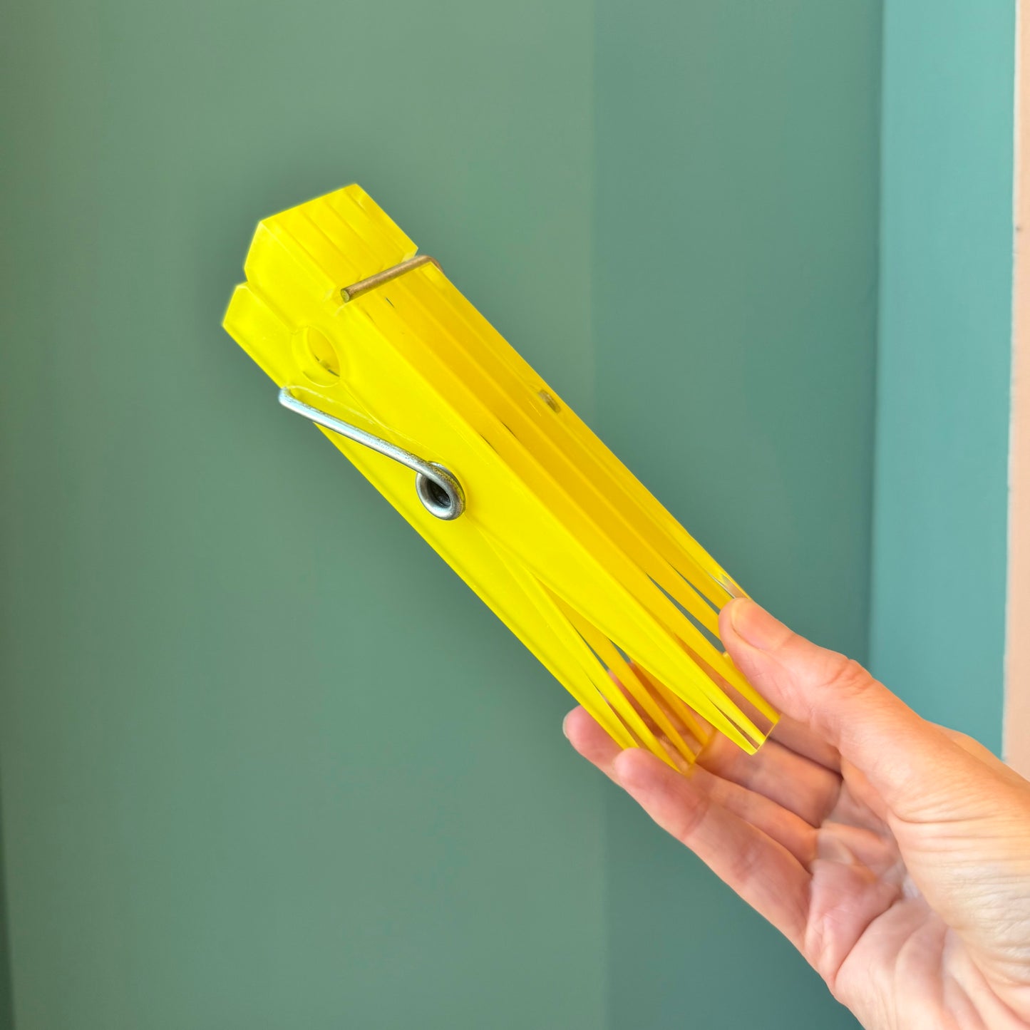 Vintage Mid Century Modern Oversized Bright Yellow Acrylic Clothespin Paperweight