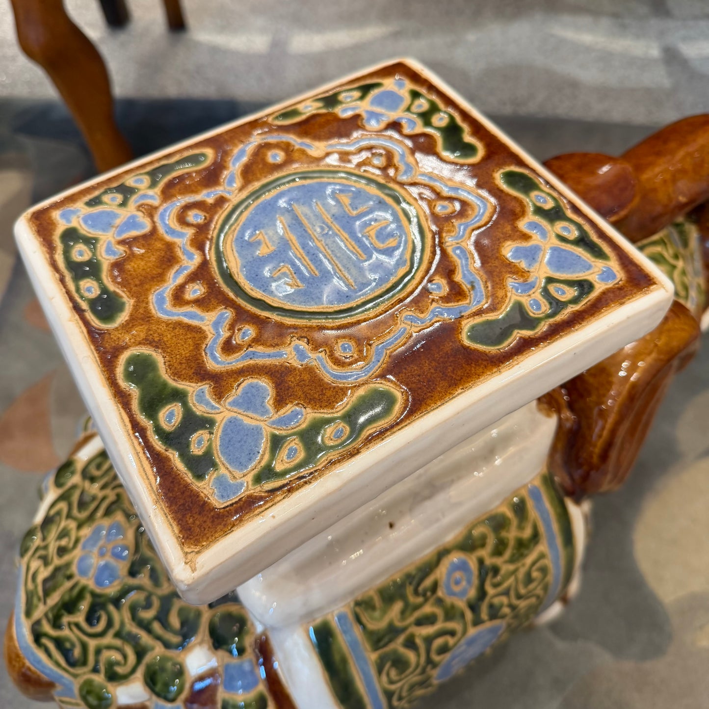 Vintage Hand Painted Brown Ceramic Asian Elephant Plant Stand