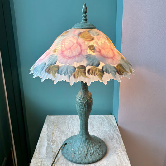 Vintage Tiffany Style Hand Painted Floral Glass Lamp