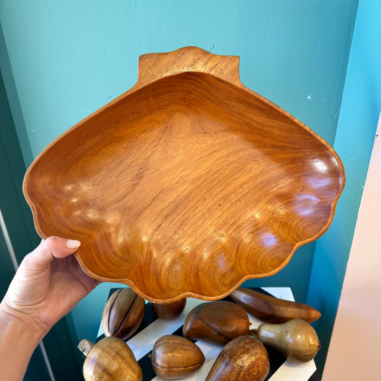 Mid Century Carved Monkey Pod Wooden Fruit and Bowl