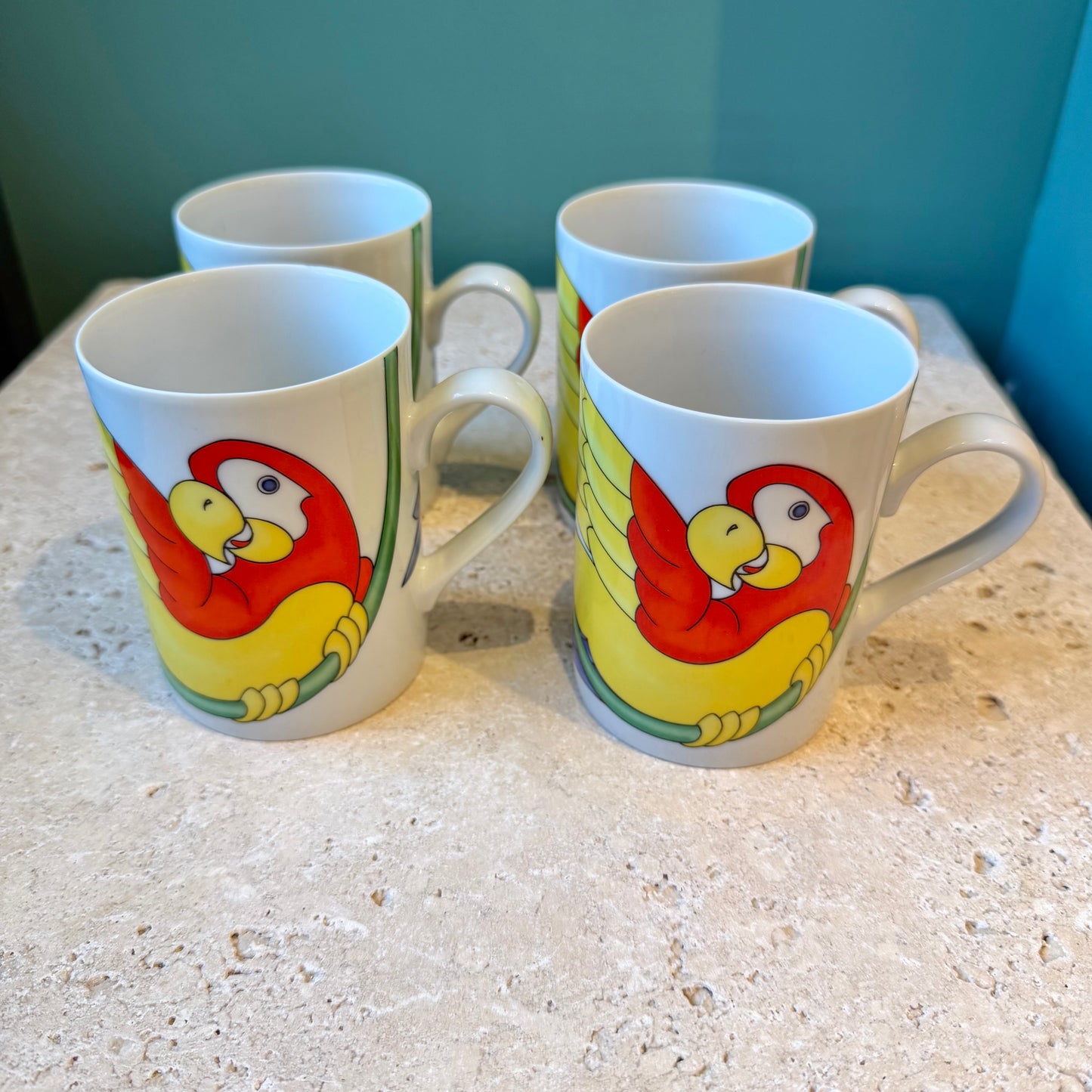 Vintage 1979 Fitz & Floyd "Parrot-in-Ring" Ceramic Coffee Mugs - Set of 4