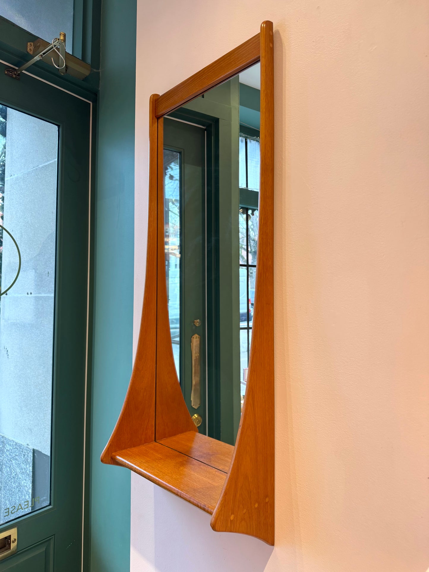 Mid Century Danish Teak Curved Wall Mirror with Shelf by Pedersen and Hansen