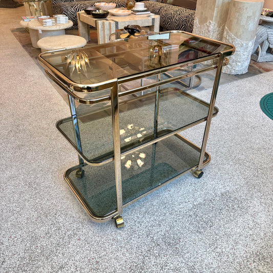 Vintage Brass and Smoked Glass Rolling Bar Cart