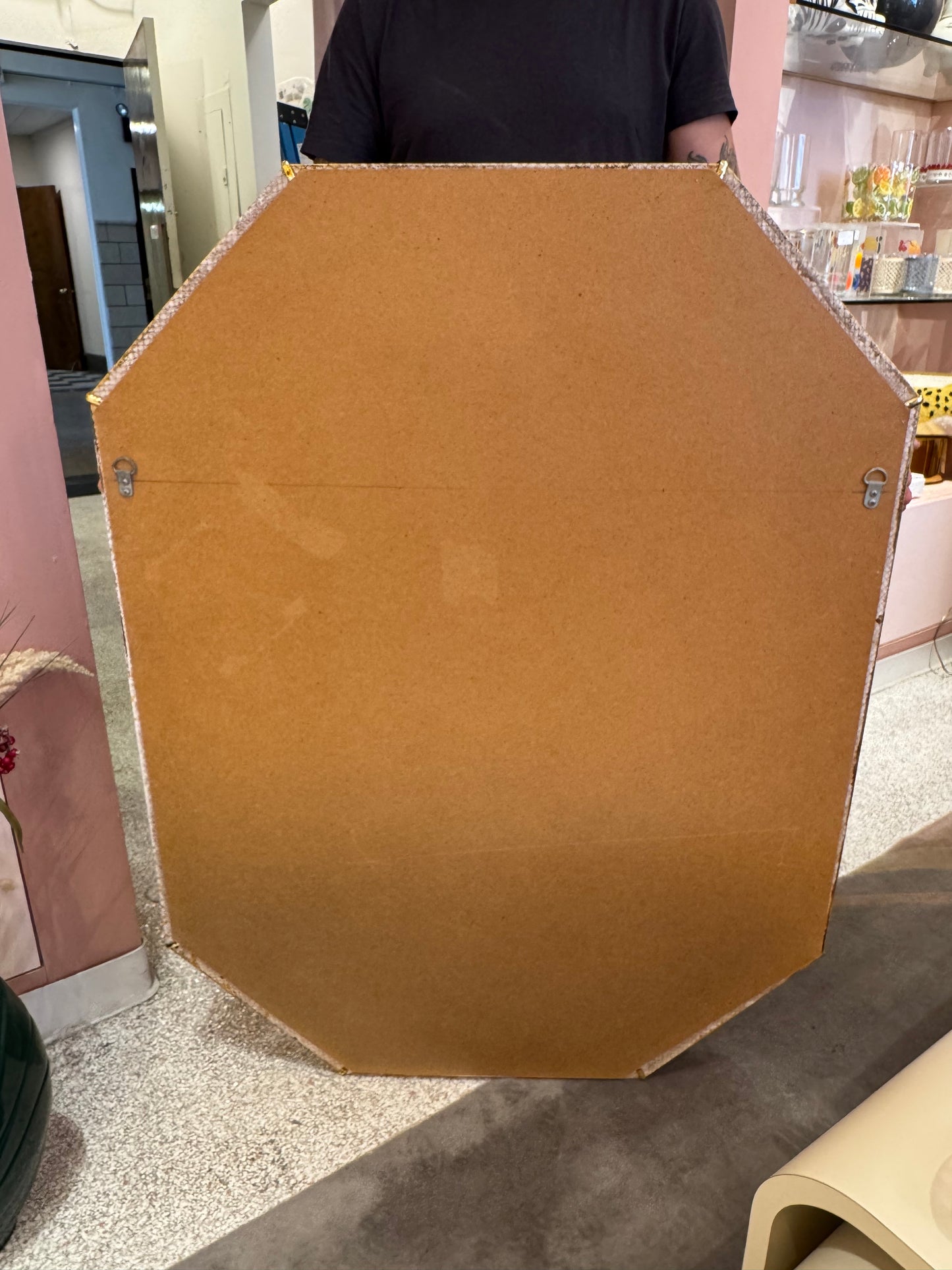Vintage Faux Snakeskin and Brass Octagonal Bullnose Mirror