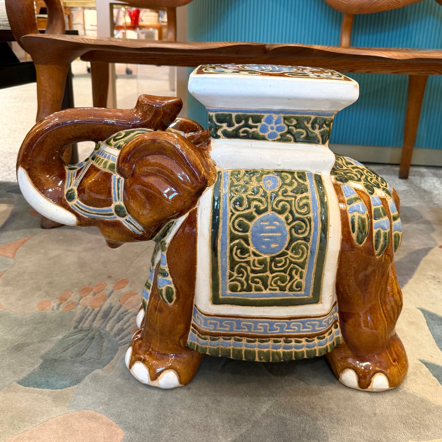 Vintage Hand Painted Brown Ceramic Asian Elephant Plant Stand