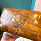Vintage Wooden Playing Card Box with Brass Heart Inlay and Cards