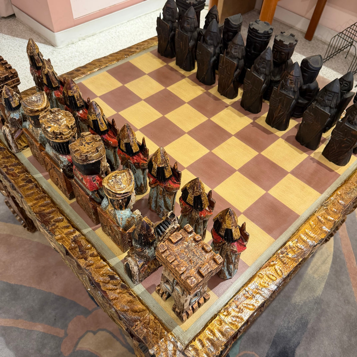 Vintage Mid-Century Carved Chess Board Coffee Table with Chess Pieces