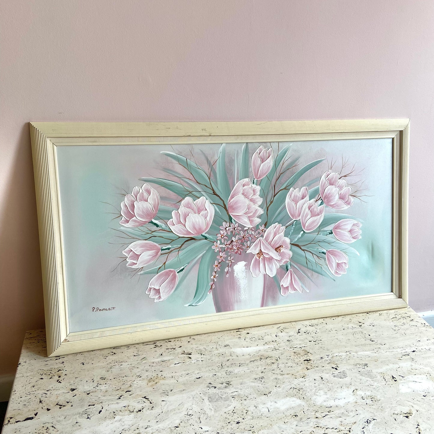 Framed 1980’s Pink Flower Bouquet Giclee by P. Pinault