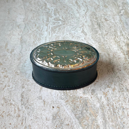 Vintage Italian Green Leather and Silver Embossed Ring/Trinket Box
