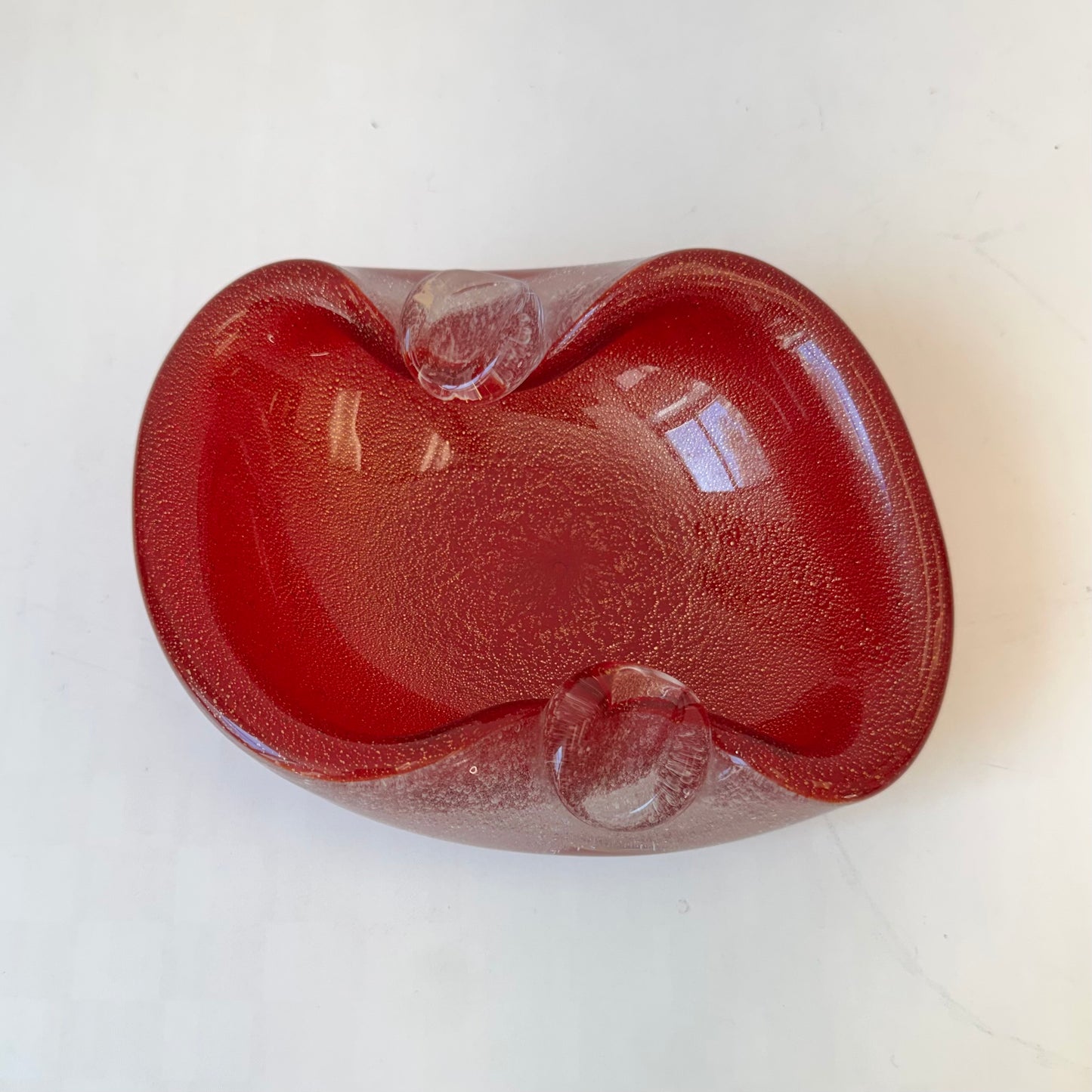 Vintage Pinch Edged Red Bullicante Glass Bowl with Gold Flecks