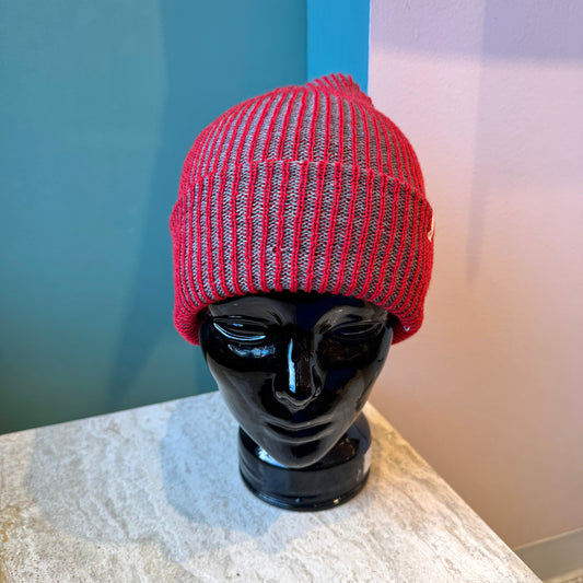 Simple Rib Knit Beanie: Red Grey