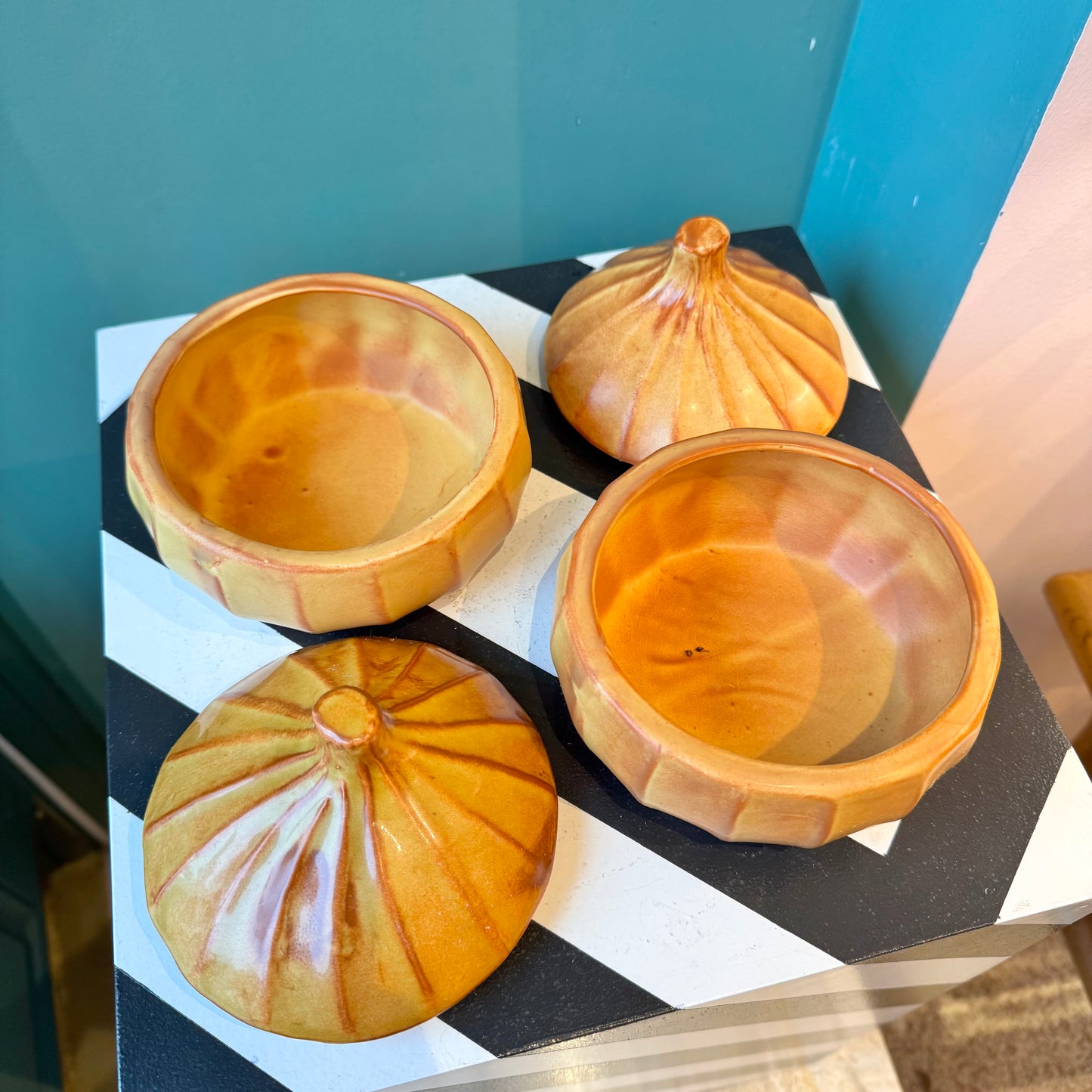 Pair of Vintage Ceramic Onions Bowls with Lids