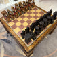 Vintage Mid-Century Carved Chess Board Coffee Table with Chess Pieces