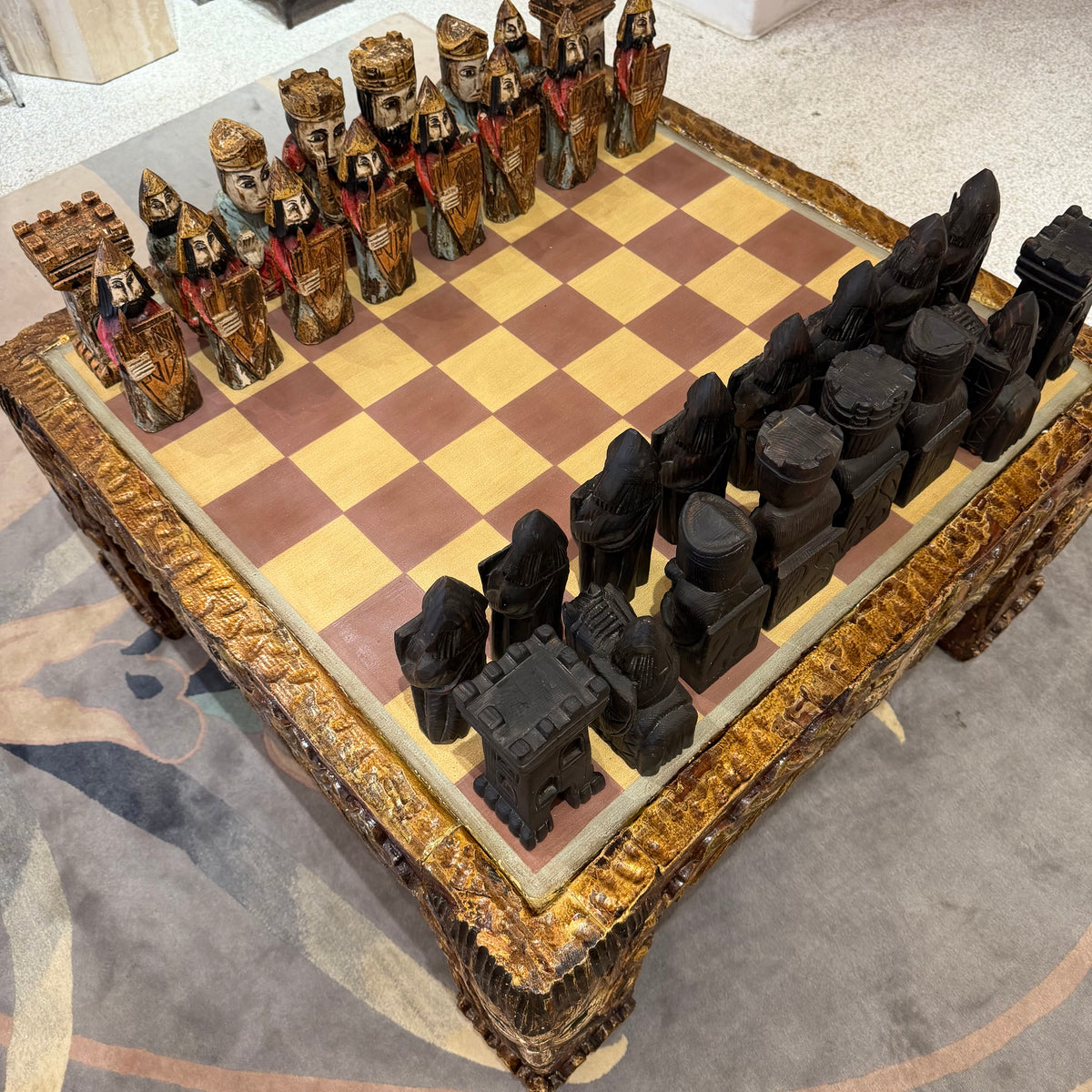 Vintage Mid-Century Carved Chess Board Coffee Table with Chess Pieces