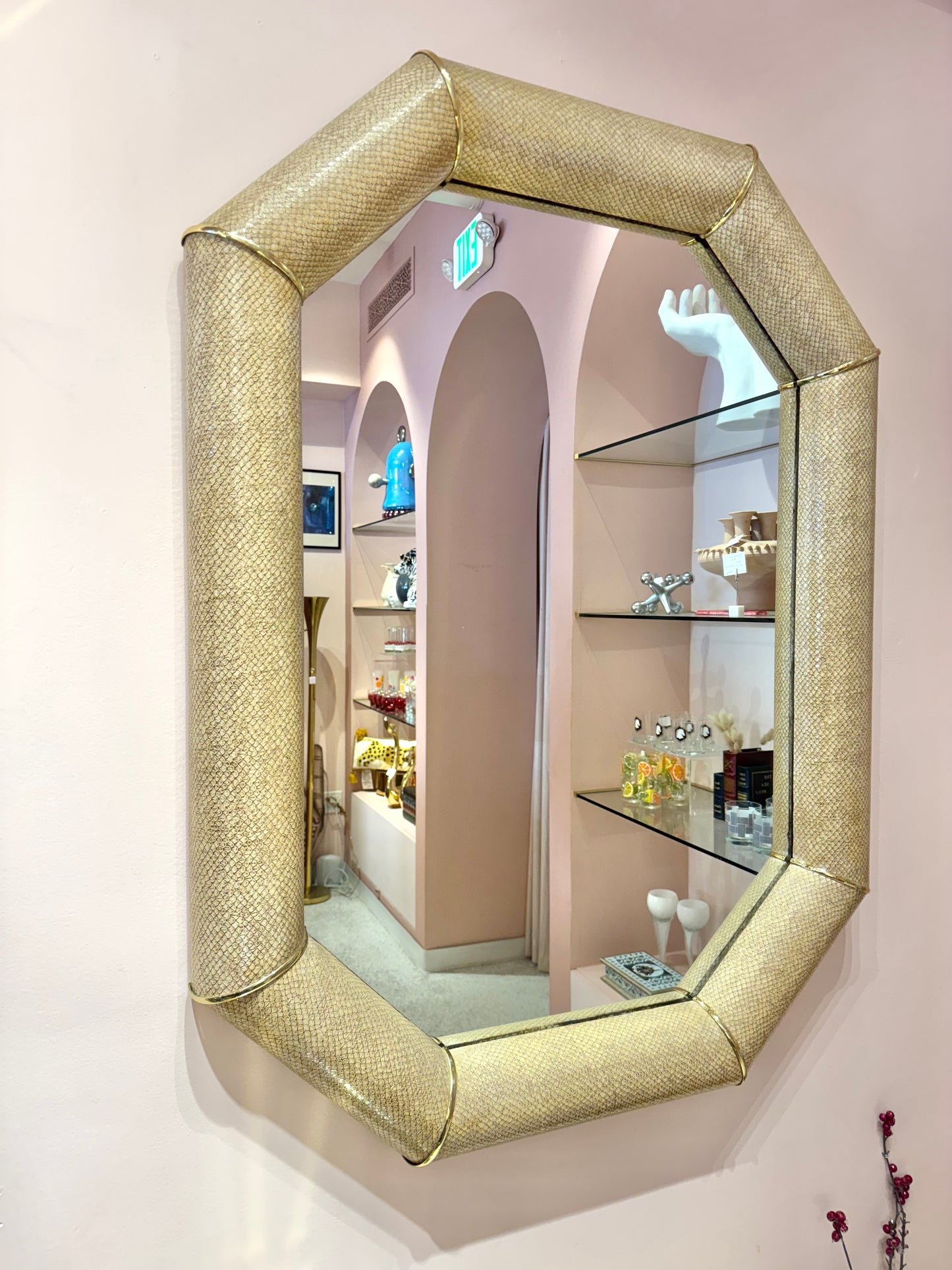 Vintage Faux Snakeskin and Brass Octagonal Bullnose Mirror