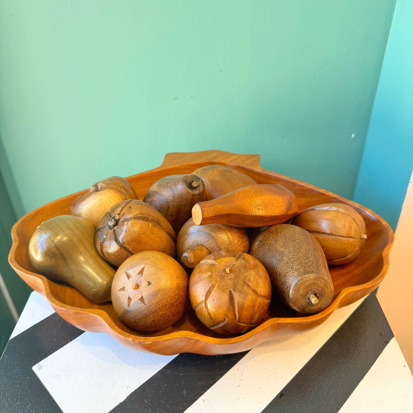 Mid Century Carved Monkey Pod Wooden Fruit and Bowl