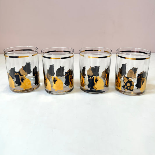 Vintage Set of Four 22 Karat Gold and Black Cat Rock Glasses by Georges Briard