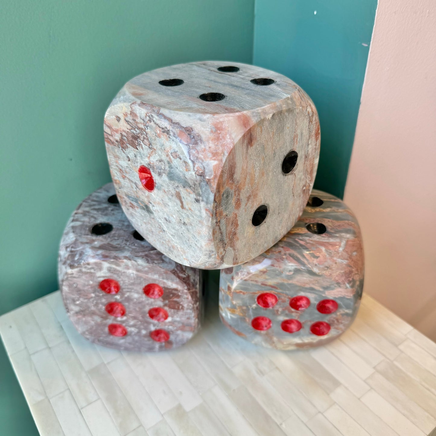 Extra Large 4" Pink and Grey Marble Dice