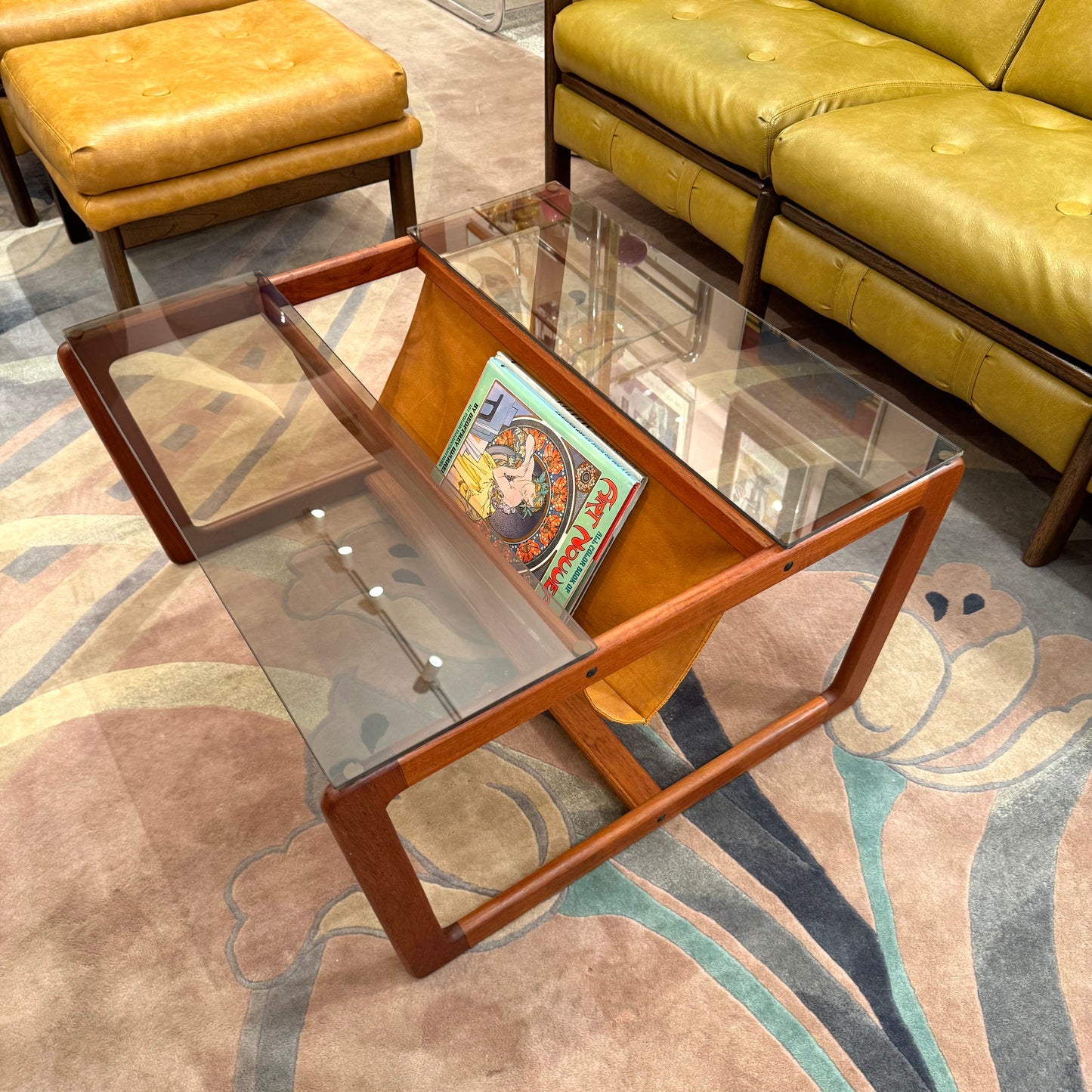 Vintage Lou Hodges Style Teak and Smoked Glass Coffee Table with Magazine Holder