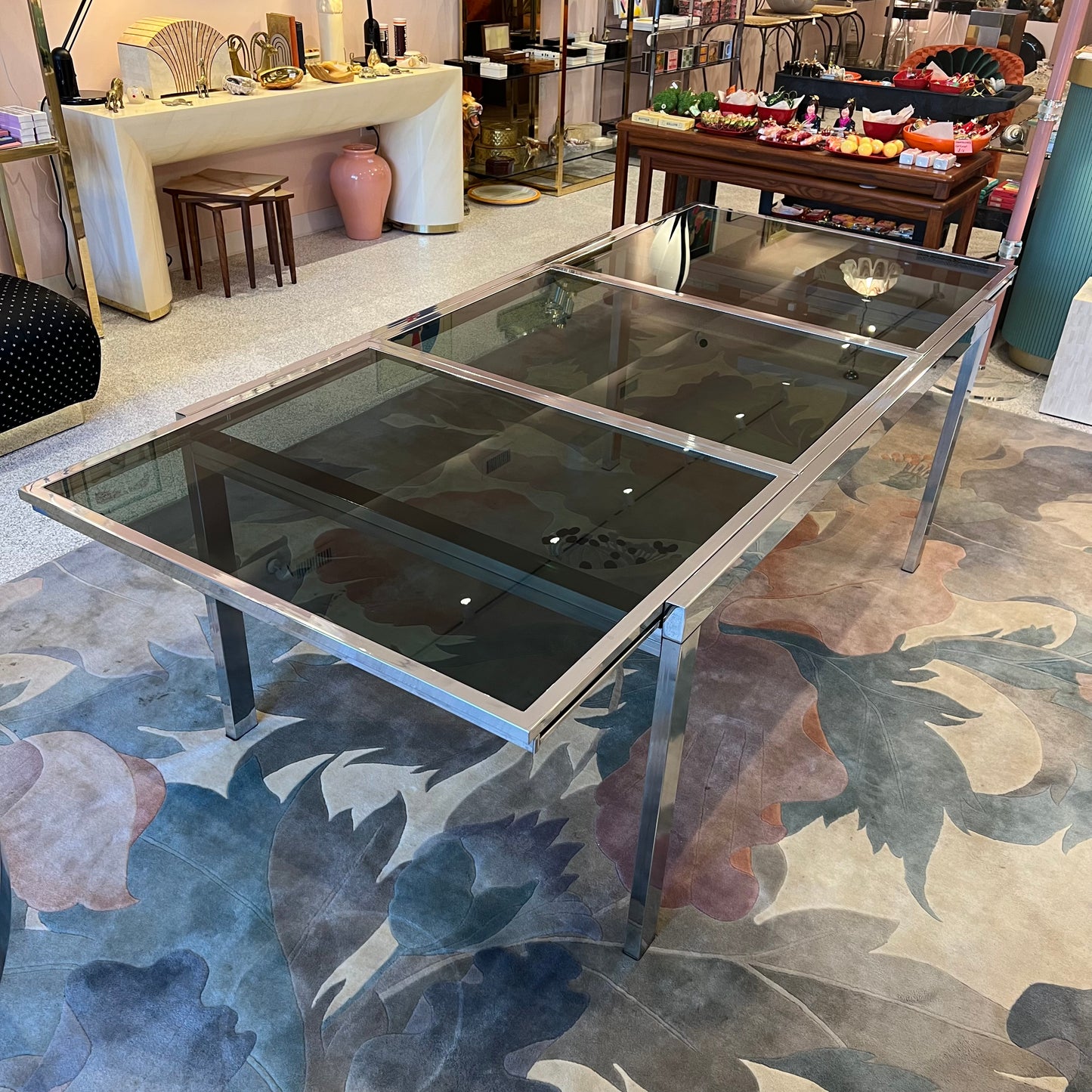 1980's Italian Extendable Chrome and Smoked Glass Dining Table