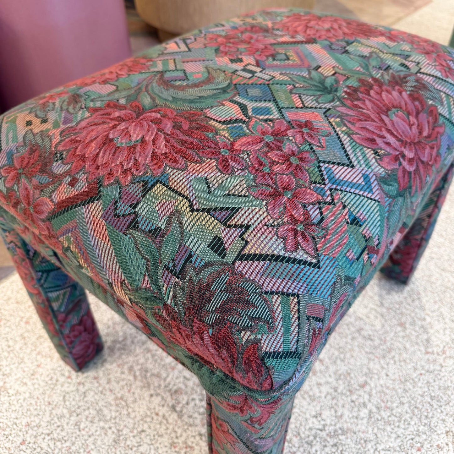 Vintage 1980’s Graphic Floral Upholstered Parson’s Ottoman Bench
