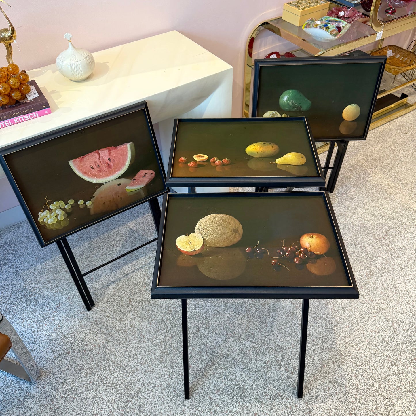 Set of 4 Vintage 1960’s Still Life Fruit Folding Tables with Stand by Artex