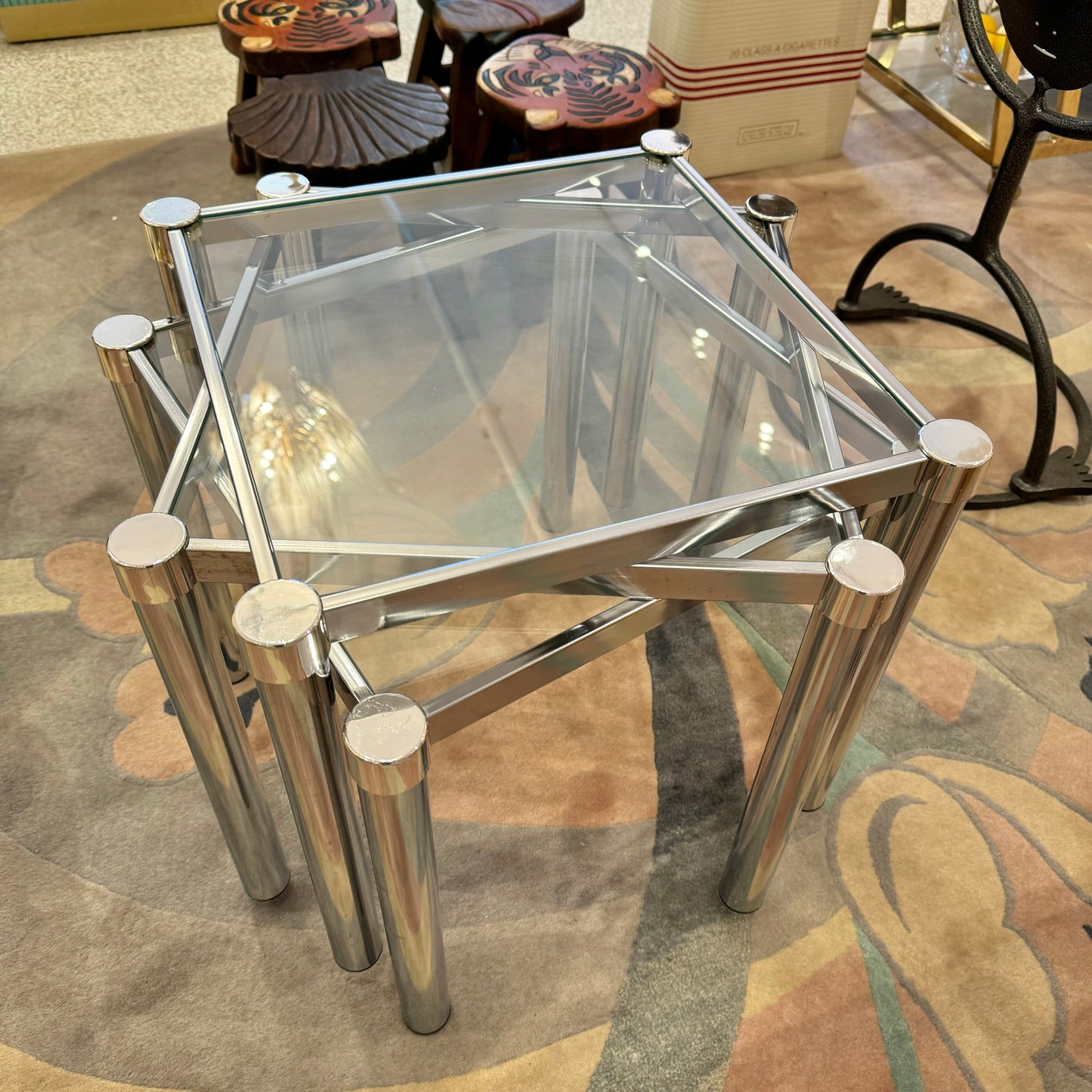 Set of 3 Vintage Chrome and Glass Stacking Tables