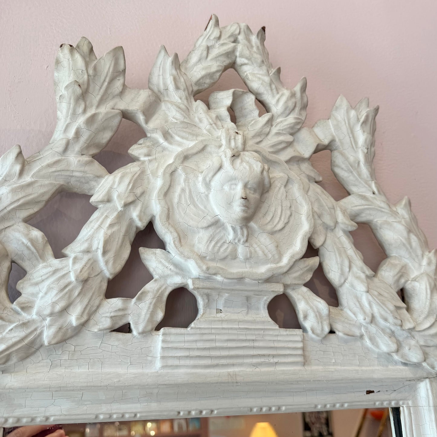 Vintage White Rococo Style Mirror with Carved Maiden Mask Crest