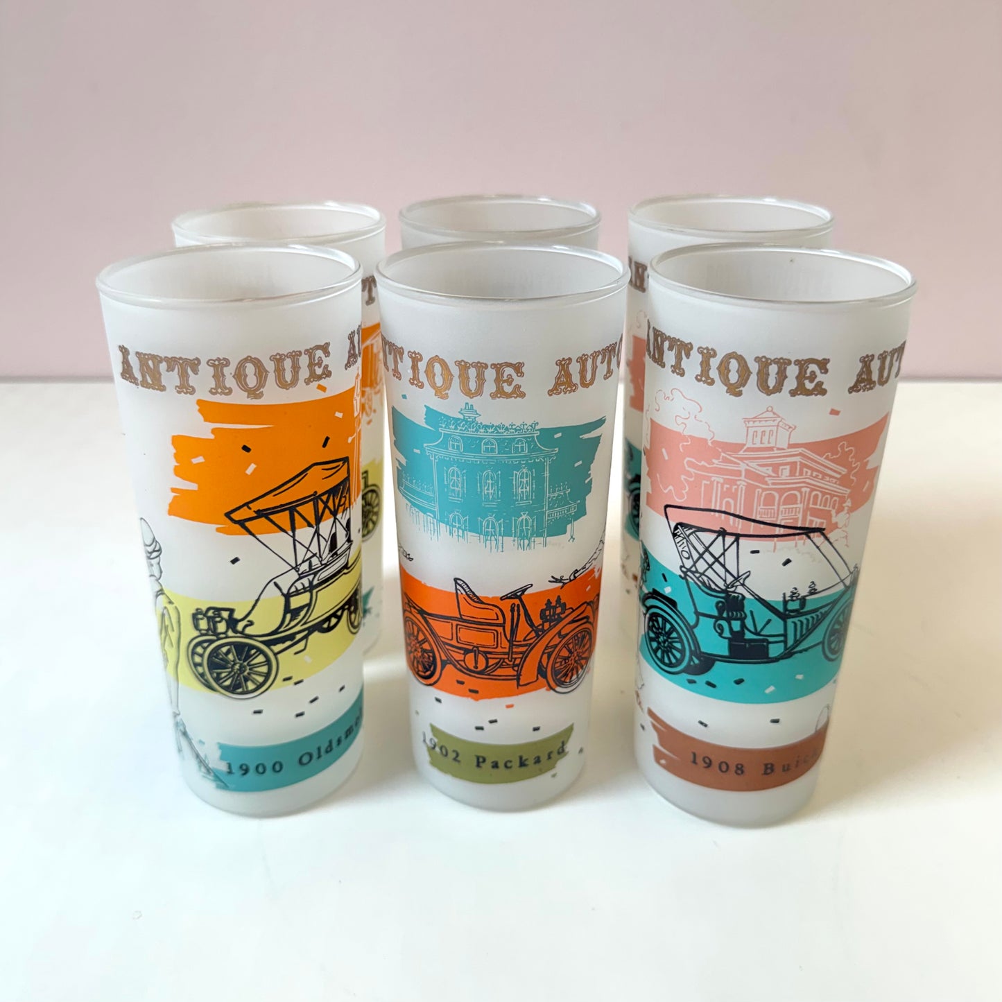 Vintage Set of 6 Anchor Hocking “Antique Autos” Frosted Glass Tumblers