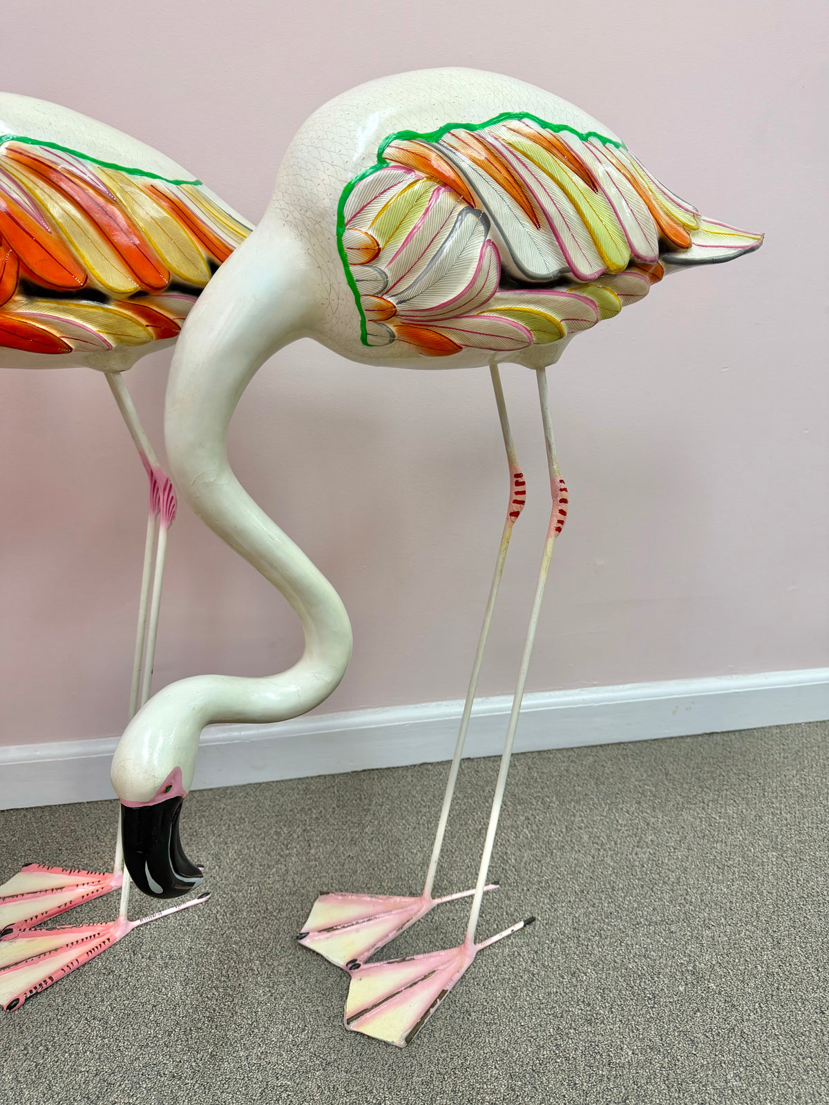 Pair of Extra Large Vintage Mexican Papier- Mache Flamingo Statues