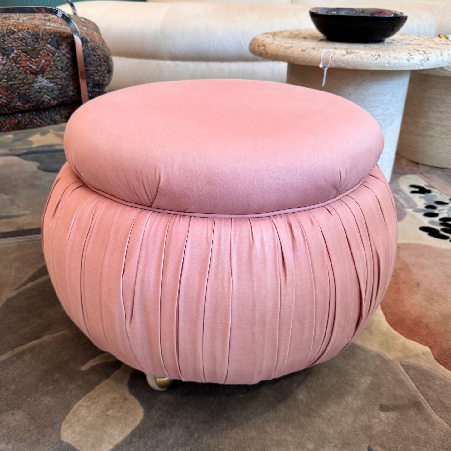 Vintage Pink Pouf Ottoman on Wheels