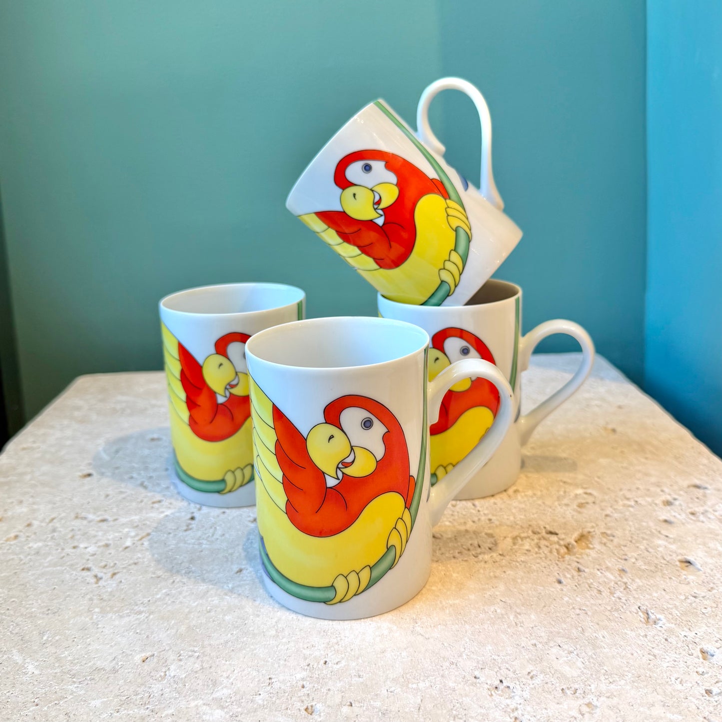 Vintage 1979 Fitz & Floyd "Parrot-in-Ring" Ceramic Coffee Mugs - Set of 4