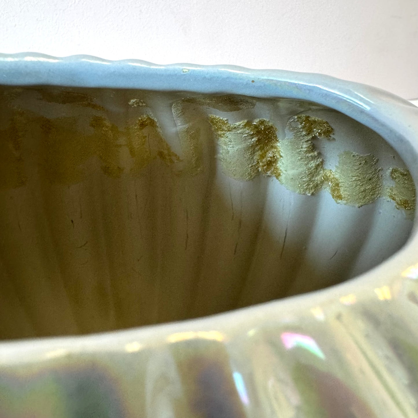Vintage Pale Blue Opalescent Ribbed Vase