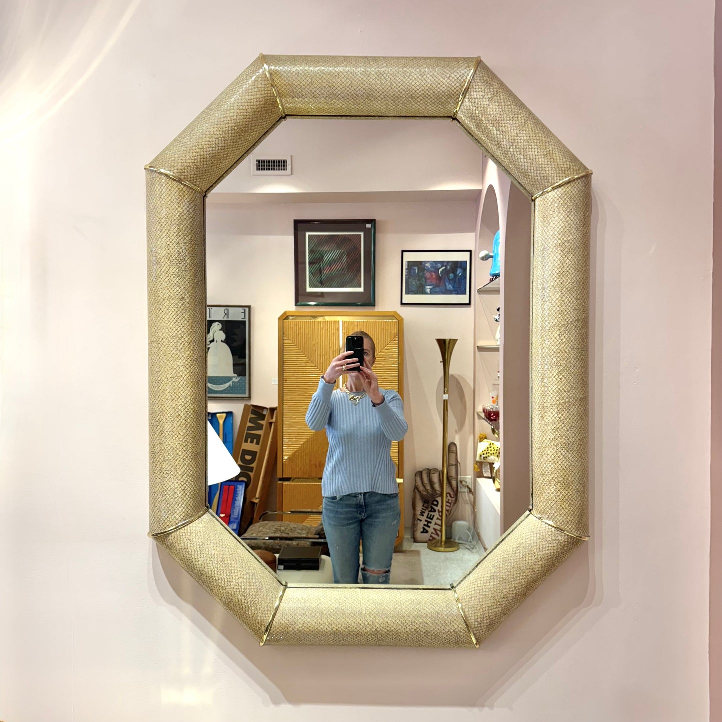 Vintage Faux Snakeskin and Brass Octagonal Bullnose Mirror