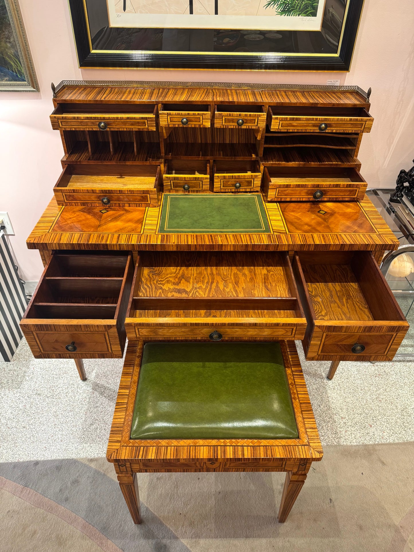 Vintage Carlton House Style Marquetry Writing Desk and Stool