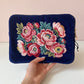 Royal Blue Velvet Embroidered Everything Pouch - Peony Flowers